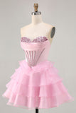 Tiered Beaded A Line Strapless Short Pink Graduation Dress