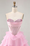 Tiered Beaded A Line Strapless Short Pink Graduation Dress