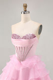 Tiered Beaded A Line Strapless Short Pink Graduation Dress