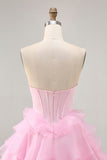 Tiered Beaded A Line Strapless Short Pink Graduation Dress