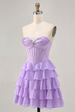 Strapless Purple Tiered Corset A Line Short Graduation Dress