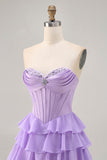 Strapless Purple Tiered Corset A Line Short Graduation Dress