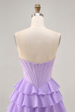 Strapless Purple Tiered Corset A Line Short Graduation Dress