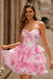 Strapless A-Line Corset Tiered Fuchsia Floral Graduation Dress