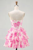 A-Line Strapless Corset Tiered Fuchsia Floral Short Graduation Dress