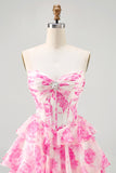 A-Line Strapless Corset Tiered Fuchsia Floral Short Graduation Dress