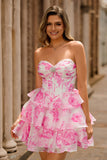 Strapless A-Line Corset Tiered Fuchsia Floral Graduation Dress