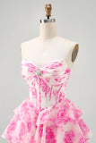 A-Line Strapless Corset Tiered Fuchsia Floral Short Graduation Dress