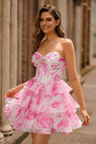 Strapless A-Line Corset Tiered Fuchsia Floral Graduation Dress