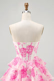 A-Line Strapless Corset Tiered Fuchsia Floral Short Graduation Dress