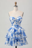 White Blue Floral A-line Sweetheart Corset Tiered Short Graduation Dress