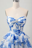 White Blue Floral A-line Sweetheart Corset Tiered Short Graduation Dress