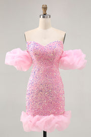 Sparkly Off The Shoulder Pink Sequins Tight Graduation Dress