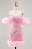 Sparkly Off The Shoulder Pink Sequins Tight Graduation Dress