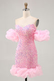 Sparkly Off The Shoulder Pink Sequins Tight Graduation Dress