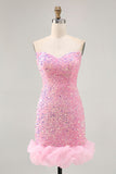 Sparkly Off The Shoulder Pink Sequins Tight Graduation Dress