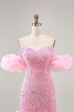 Sparkly Off The Shoulder Pink Sequins Tight Graduation Dress