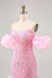 Sparkly Off The Shoulder Pink Sequins Tight Graduation Dress