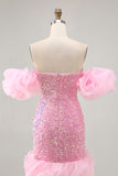 Sparkly Off The Shoulder Pink Sequins Tight Graduation Dress