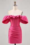 Satin Off The Shoulder Fuchsia Ruffled Tight Graduation Dress