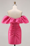 Satin Off The Shoulder Fuchsia Ruffled Tight Graduation Dress