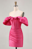 Satin Off The Shoulder Fuchsia Ruffled Tight Graduation Dress