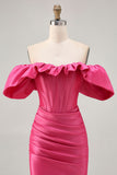 Satin Off The Shoulder Fuchsia Ruffled Tight Graduation Dress