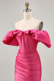 Satin Off The Shoulder Fuchsia Ruffled Tight Graduation Dress