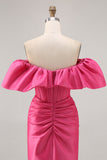 Satin Off The Shoulder Fuchsia Ruffled Tight Graduation Dress