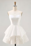 Strapless White Corset A Line Short Graduation Dress