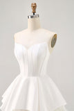 White Satin Strapless Corset A Line Short Graduation Dress