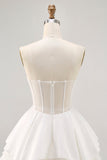 White Satin Strapless Corset A Line Short Graduation Dress