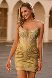Golden Bodycon Strapless Beaded Short Graduation Dress