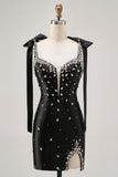 Sparkly Black Spaghetti Straps Tight Rhinestones Short Graduation Dress with Slit