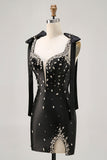Sparkly Black Tight Rhinestones Short Graduation Dress with Slit