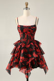 Black Red A Line Cowl Neck Corset Tiered Short Graduation Dress