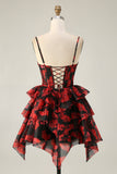 Black Red A Line Cowl Neck Corset Tiered Short Graduation Dress