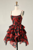 Black Red A Line Cowl Neck Corset Tiered Short Graduation Dress