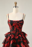Black Red A Line Cowl Neck Corset Tiered Short Graduation Dress
