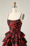 Black Red A Line Cowl Neck Corset Tiered Short Graduation Dress