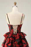 Black Red A Line Cowl Neck Corset Tiered Short Graduation Dress