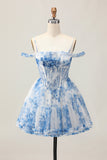 White Blue Flower A-Line Cold Shoulder Printed Beaded Graduation Dress