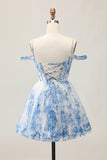 White Blue Flower A-Line Cold Shoulder Printed Beaded Graduation Dress
