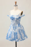 White Blue Flower A-Line Cold Shoulder Printed Beaded Graduation Dress