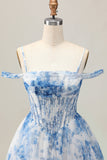 White Blue Flower A-Line Cold Shoulder Printed Beaded Graduation Dress