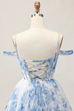 White Blue Flower A-Line Cold Shoulder Printed Beaded Graduation Dress