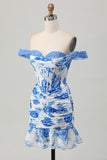 White Blue Flower Off the Shoulder Corset Short Graduation Dress with Ruffles