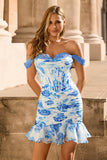 White Blue Flower Off the Shoulder Corset Satin Graduation Dress with Ruffles