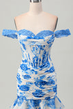 White Blue Flower Off the Shoulder Corset Short Graduation Dress with Ruffles