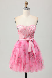 Pink Flower Strapless Corset Short Graduation Dress with Bow